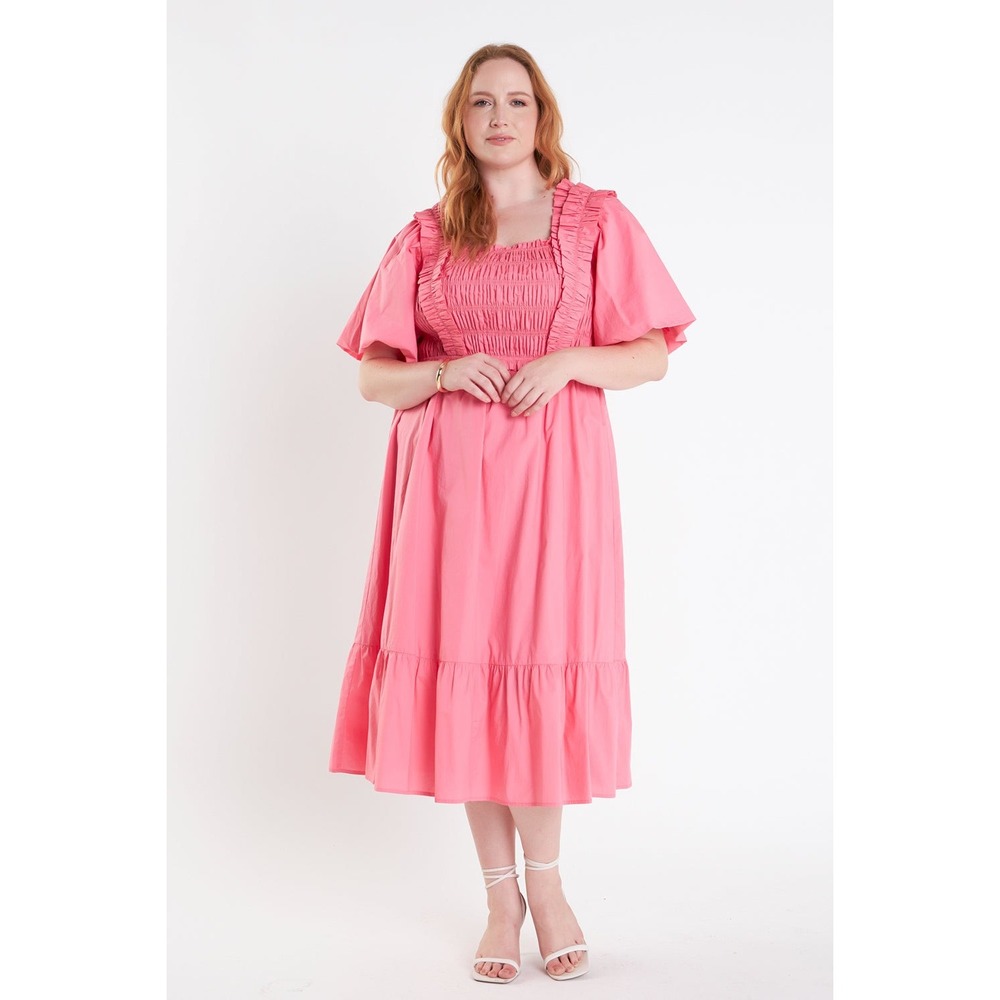 English Factory Pink Ruffled Smocked Midi Dress Dainty Puff Sleeve Square Neck‎
